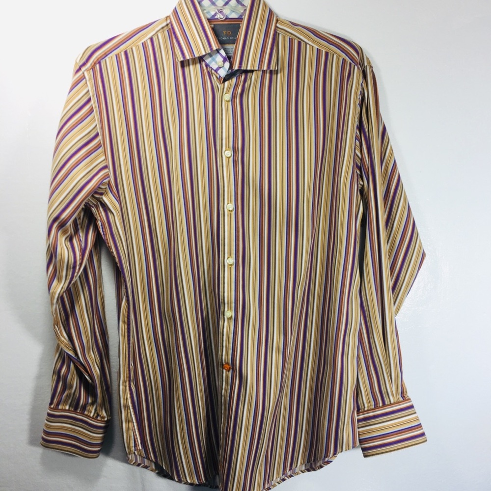 Thomas Dean gold & purple striped dress shirt L